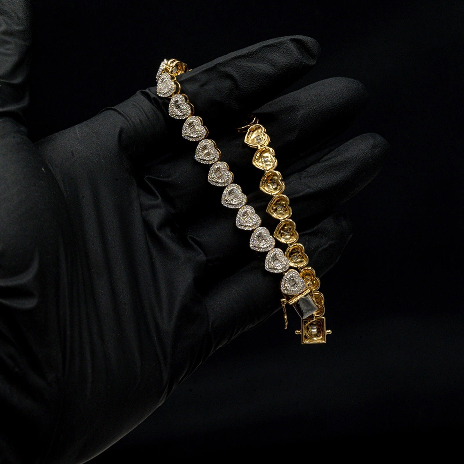 6.5MM 10k Yellow Gold Round/Baguette 1.90 CTW Diamond Heart Tennis 7" Bracelet