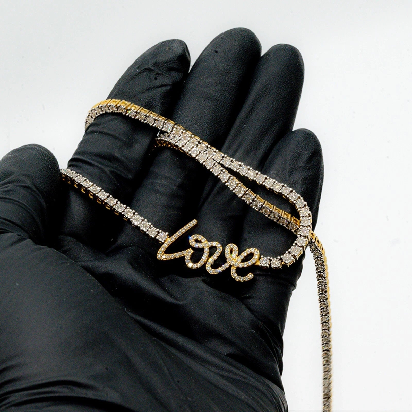 3MM 10k Yellow Gold 2 CTW Diamond "Love" Plate Tennis Chain 18" Women Necklace