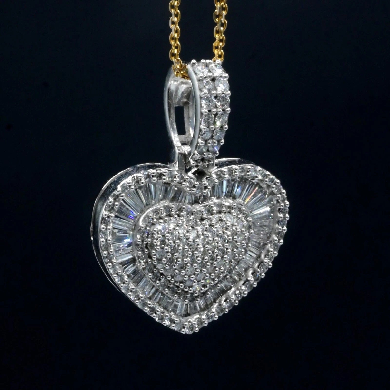 10k White Gold 1.75 CTW Baguette/Round Diamond Heart Pendant Diamond Bail Charm