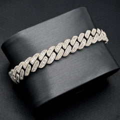 10MM Mens 925 Silver 6.25CTW Round/Baguette Natural Diamond Cuban Bracelet - 8In