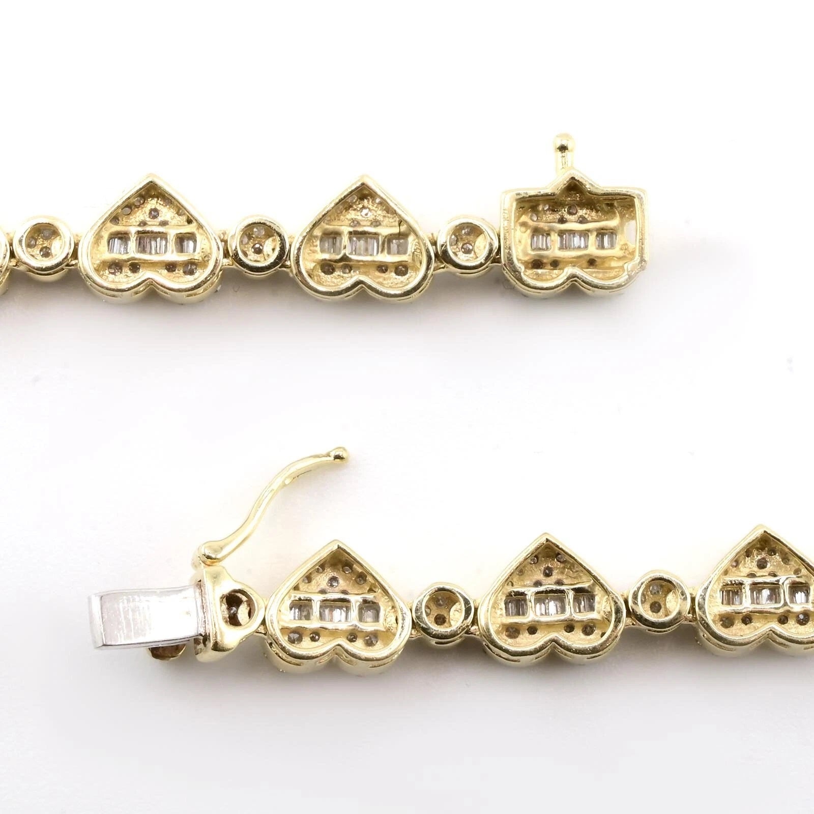 18" Women 7MM 10k Yellow Gold Heart Necklace 6.1CTW Round/Baguette Diamond Chain