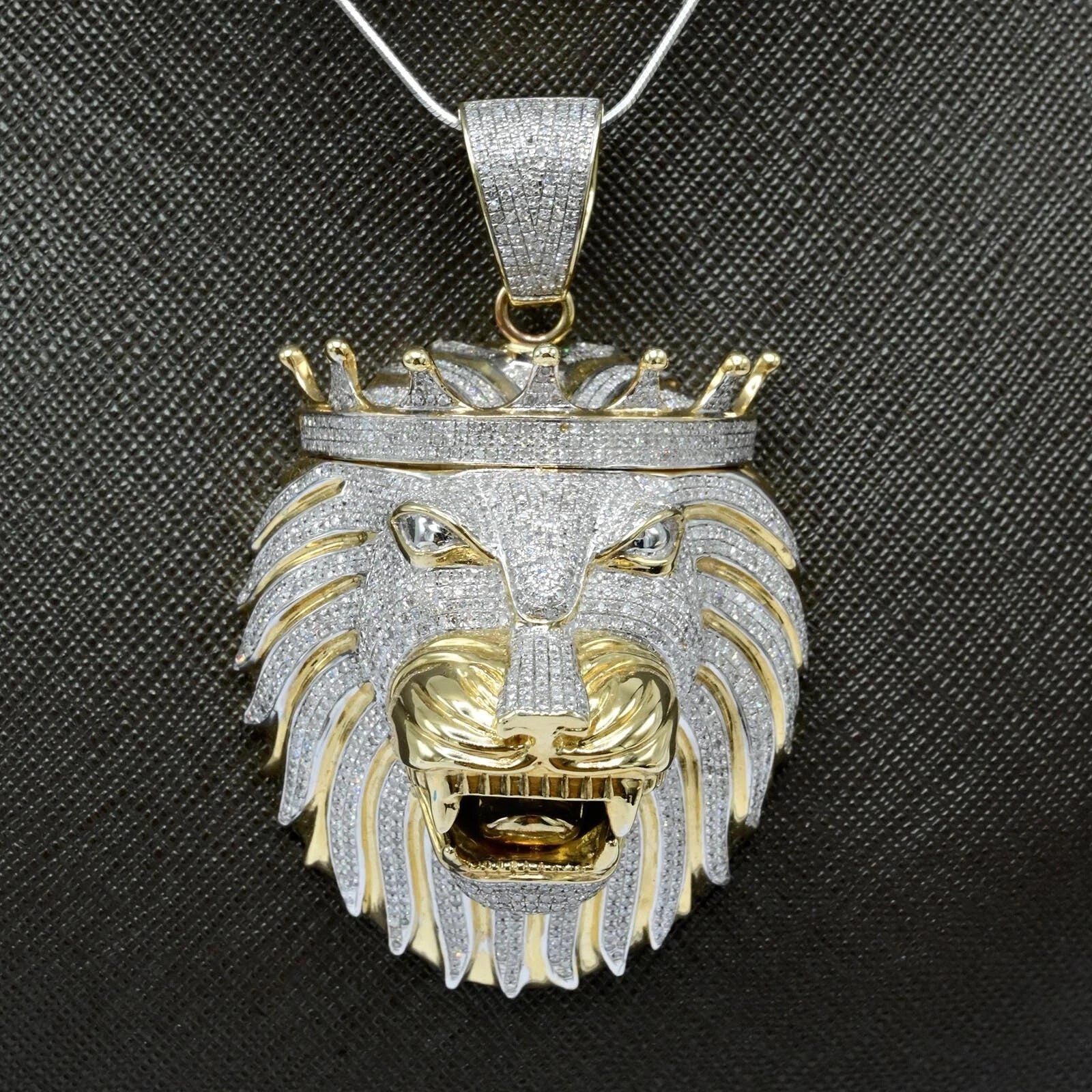10k Yellow Gold 4 CTW Diamond 3D Lion Head with Crown Pendant 40.64g Men Charm