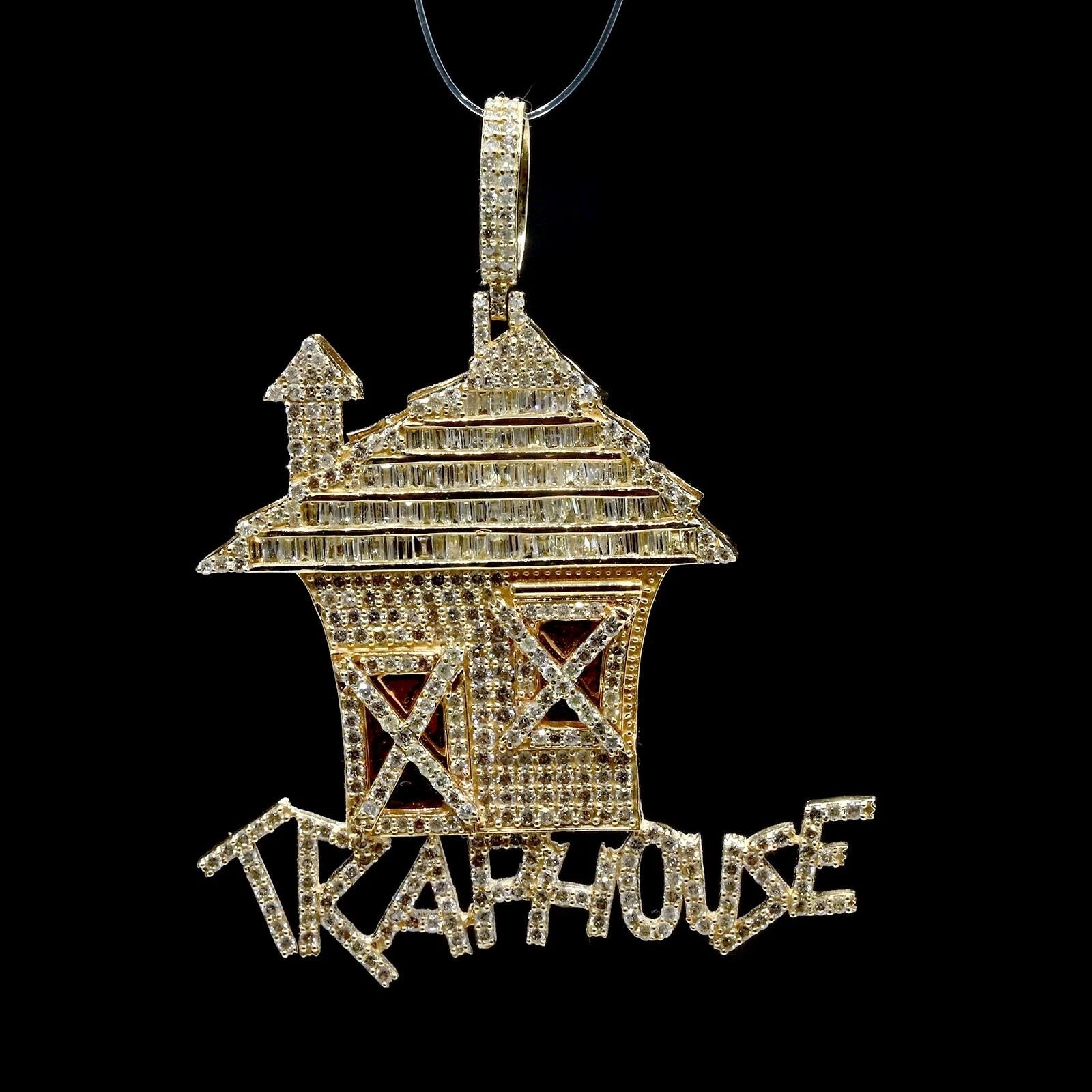 10k Yellow Gold 4.5 CTW Round/Baguette Diamond Trap House Pendant 20.4g Charm