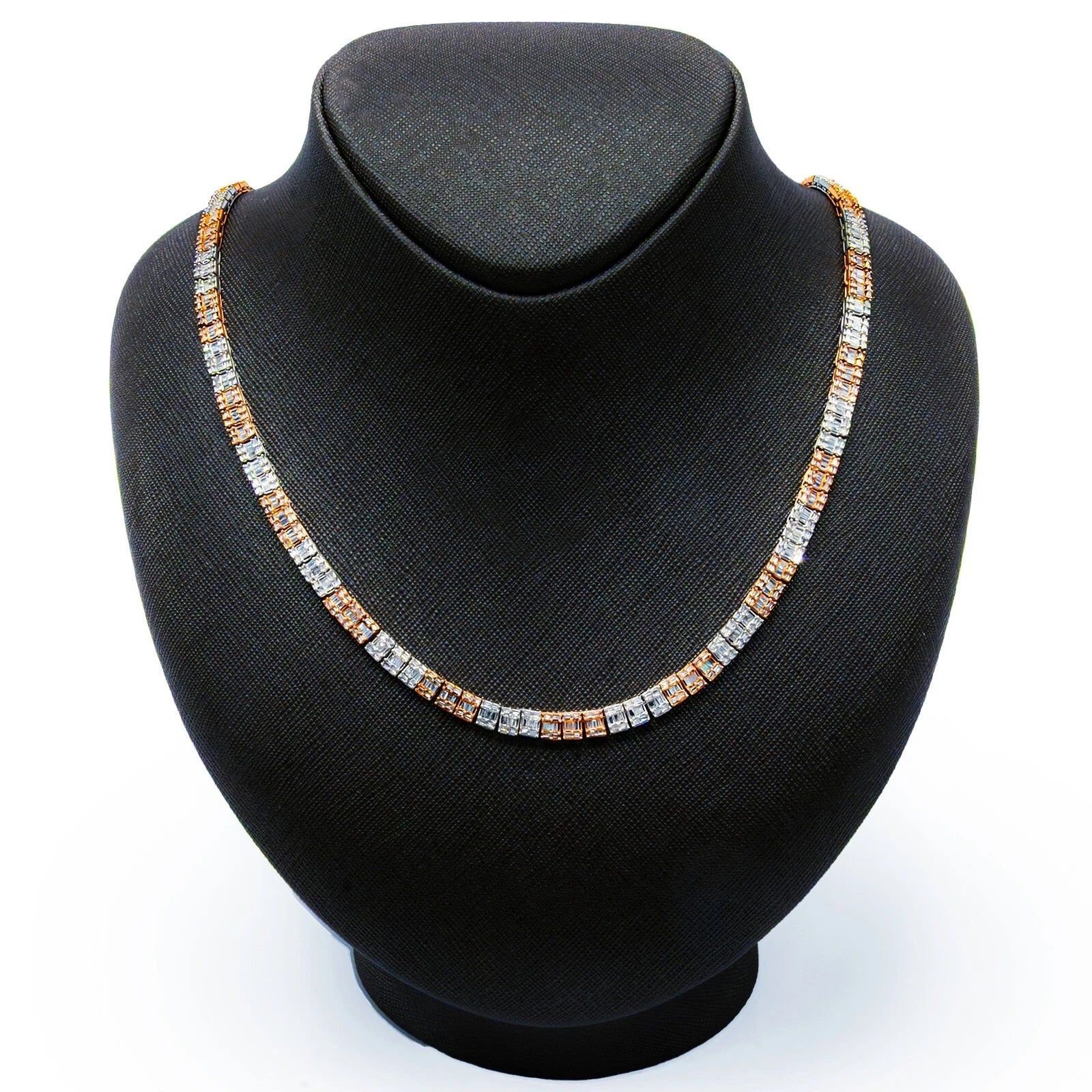 10k White & Rose Gold Round/Baguette 6.7 CTW Tennis Necklace 32.3g Chain - 22"