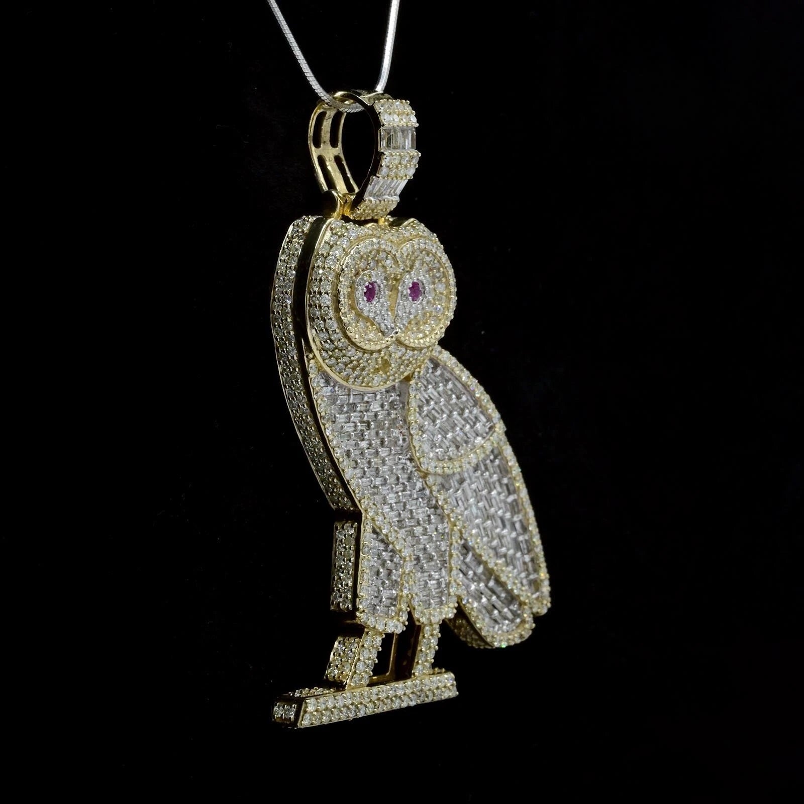 10k Yellow Gold 6.5CTW Ruby Eye Owl Pendant 4 Row Diamond Bail Pendant 23g Charm