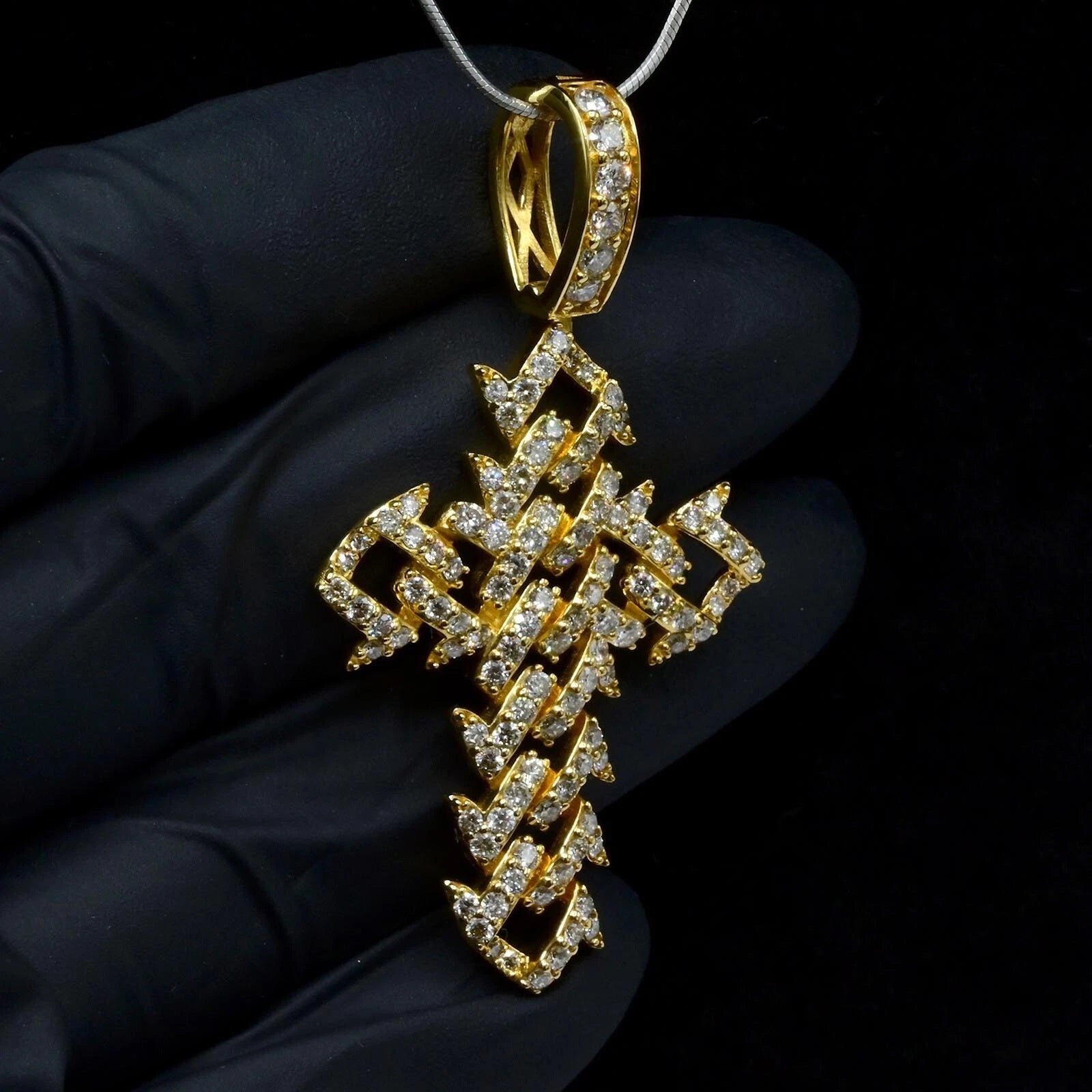 10k Yellow Gold 2.5 CTW Pure Diamond Spiky Cuban Link Cross Pendant 10.83g Charm