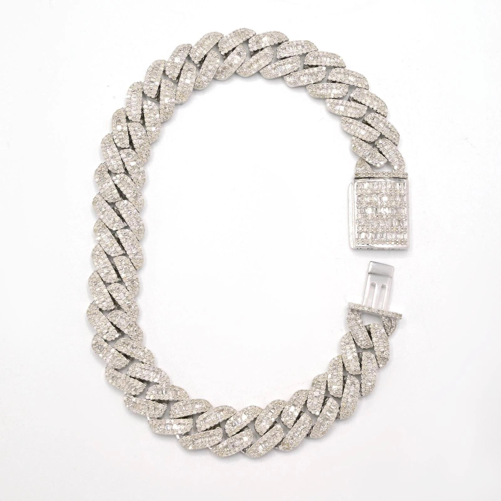 10MM Mens 925 Silver 6.25CTW Round/Baguette Natural Diamond Cuban Bracelet - 8In