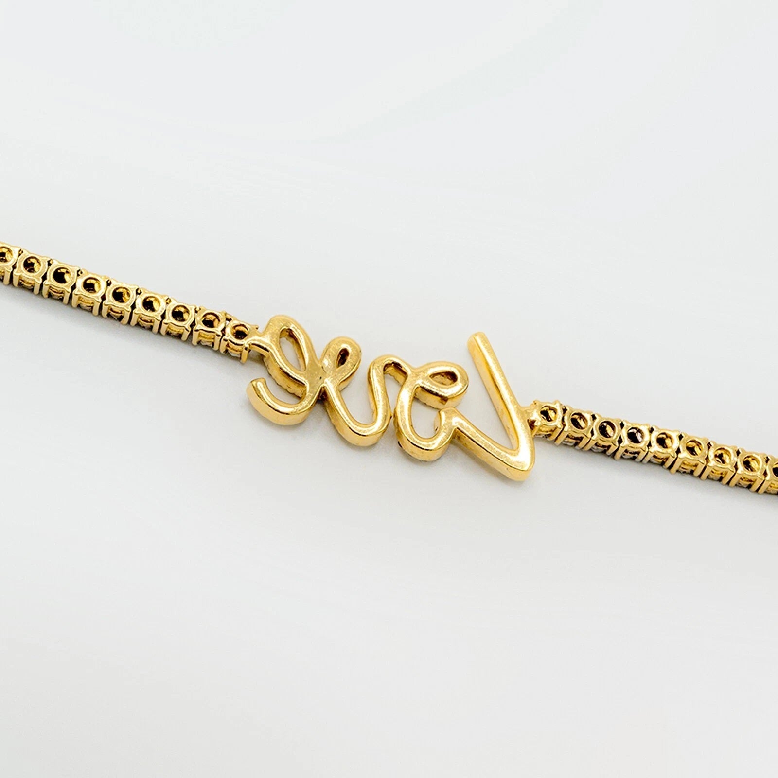 3MM 10k Yellow Gold 2 CTW Diamond "Love" Plate Tennis Chain 18" Women Necklace