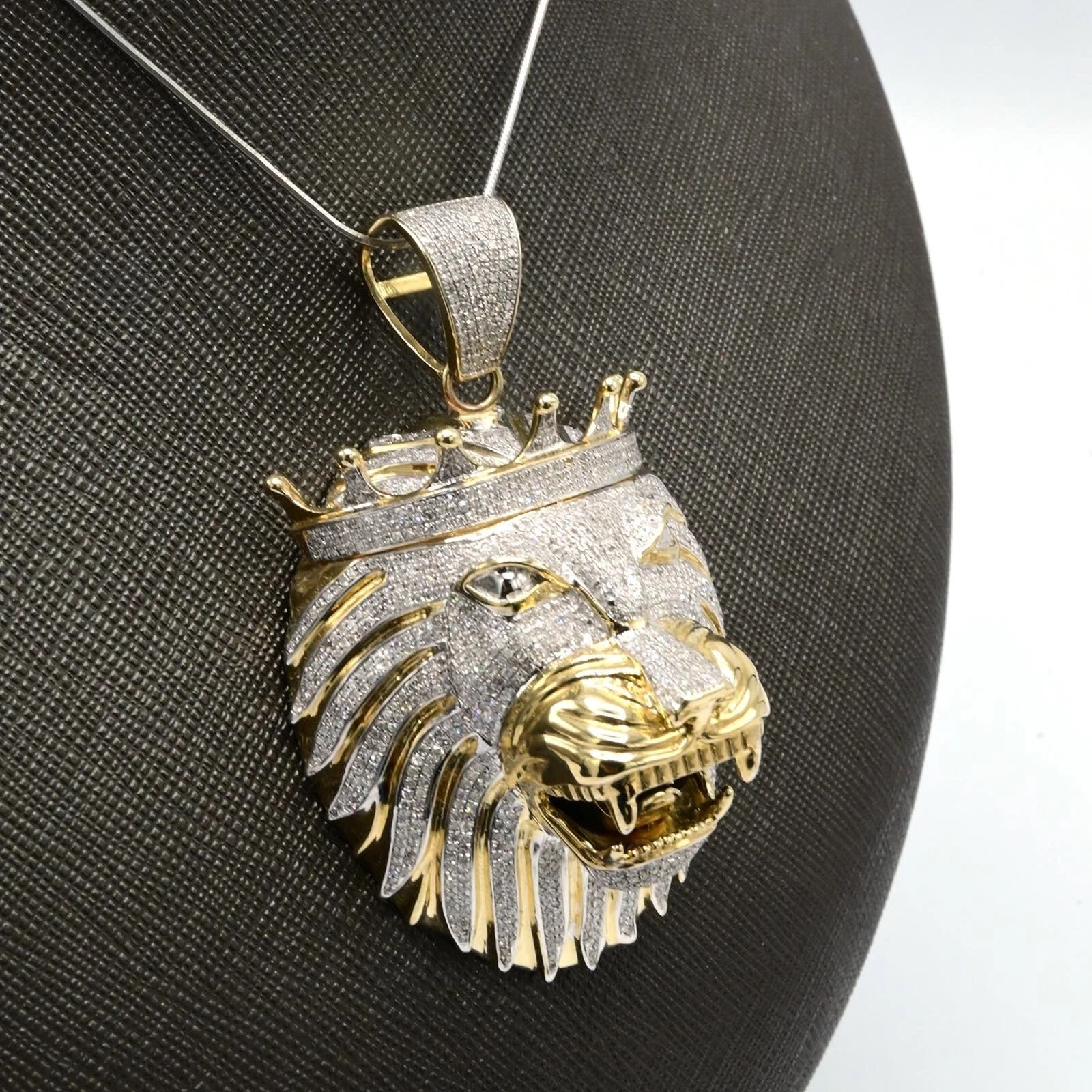 10k Yellow Gold 4 CTW Diamond 3D Lion Head with Crown Pendant 40.64g Men Charm