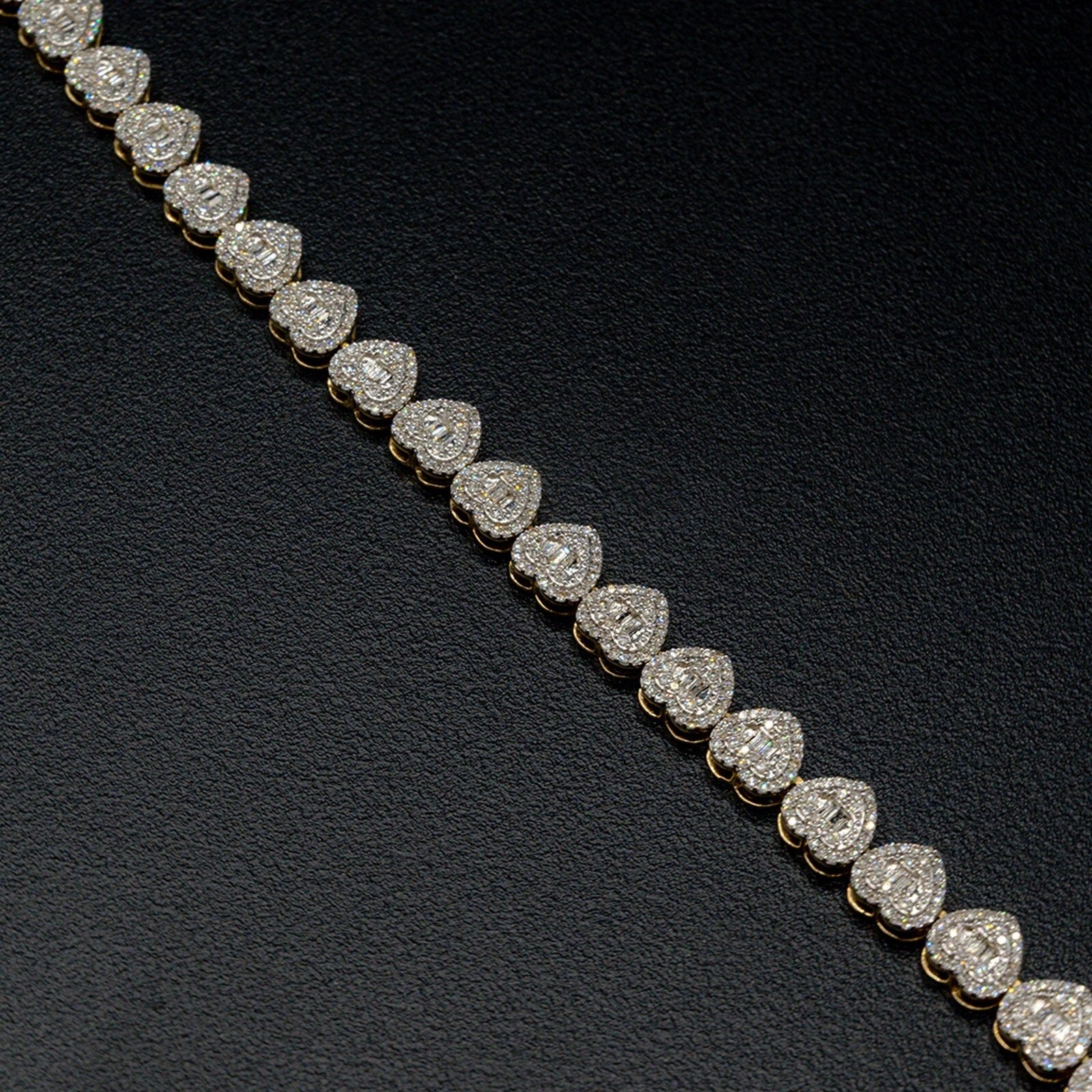 6.5MM 10k Yellow Gold Round/Baguette 1.90 CTW Diamond Heart Tennis 7" Bracelet