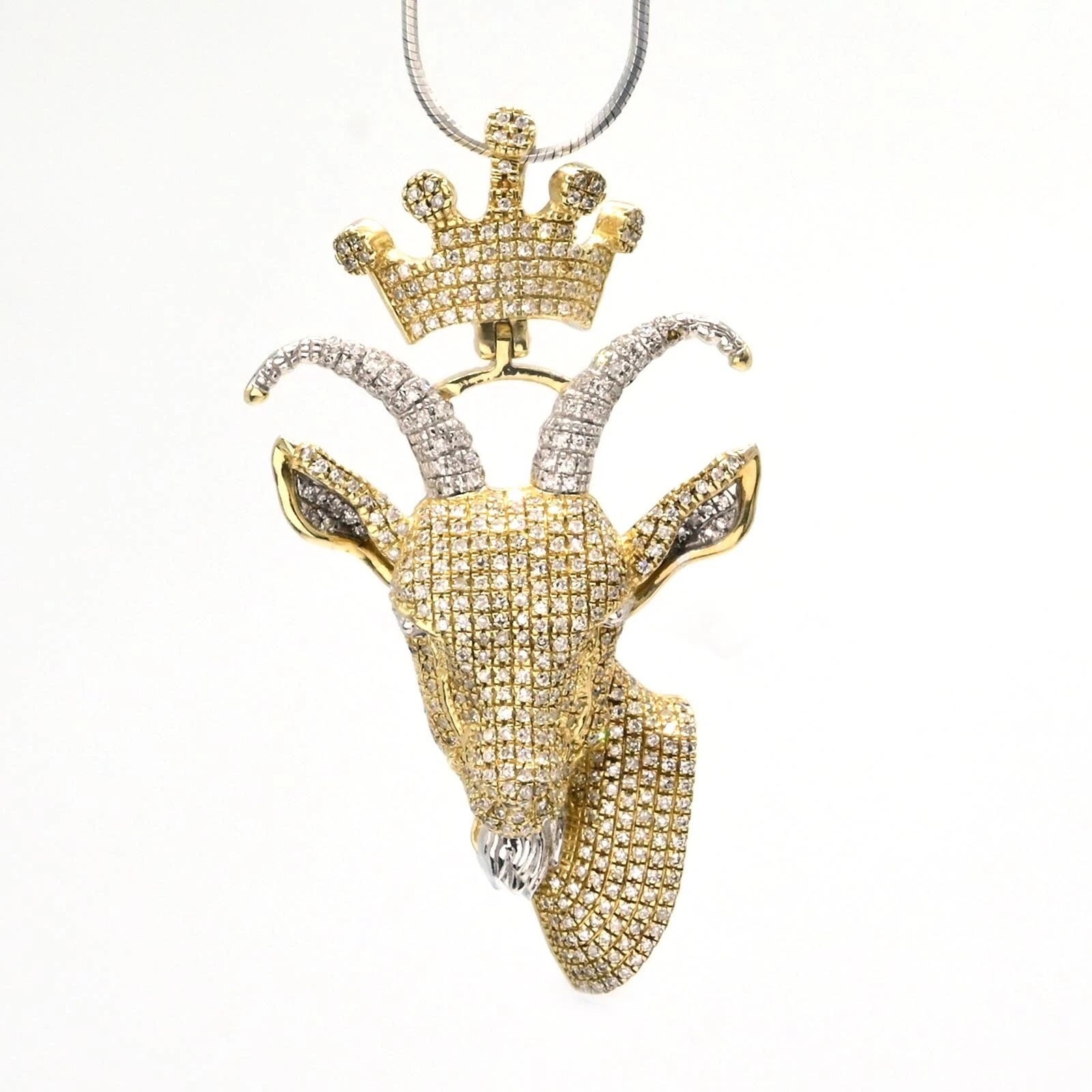 10k Yellow & White Gold 2 CTW Diamond Goat Head Crown Bail Pendant 10.55g Charm