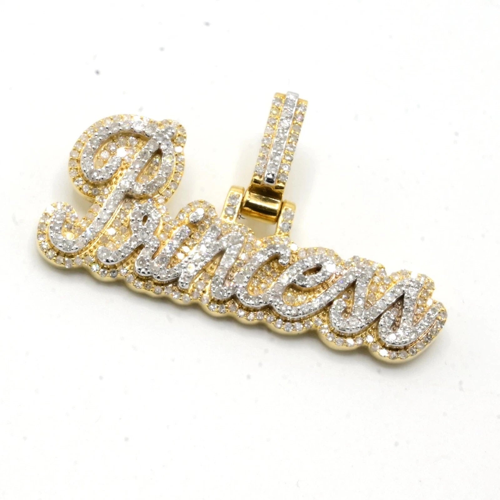 10k Yellow Gold 0.96 CTW Diamond "Princess" Name 1 Layer 3D Pendant 6.7g Charm