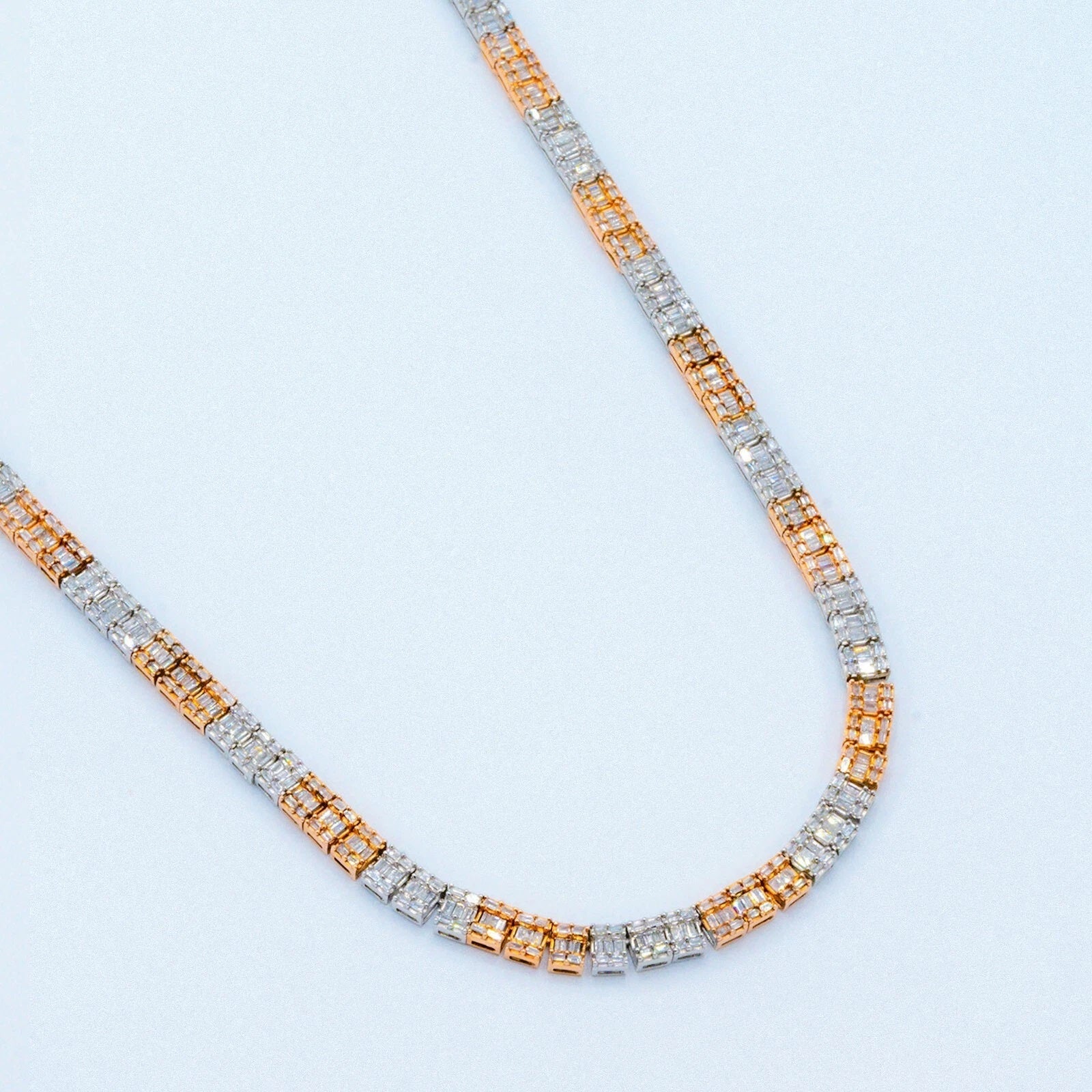 10k White & Rose Gold Round/Baguette 6.7 CTW Tennis Necklace 32.3g Chain - 22"