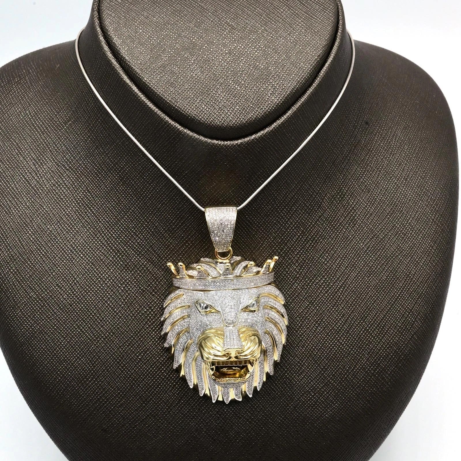 10k Yellow Gold 4 CTW Diamond 3D Lion Head with Crown Pendant 40.64g Men Charm