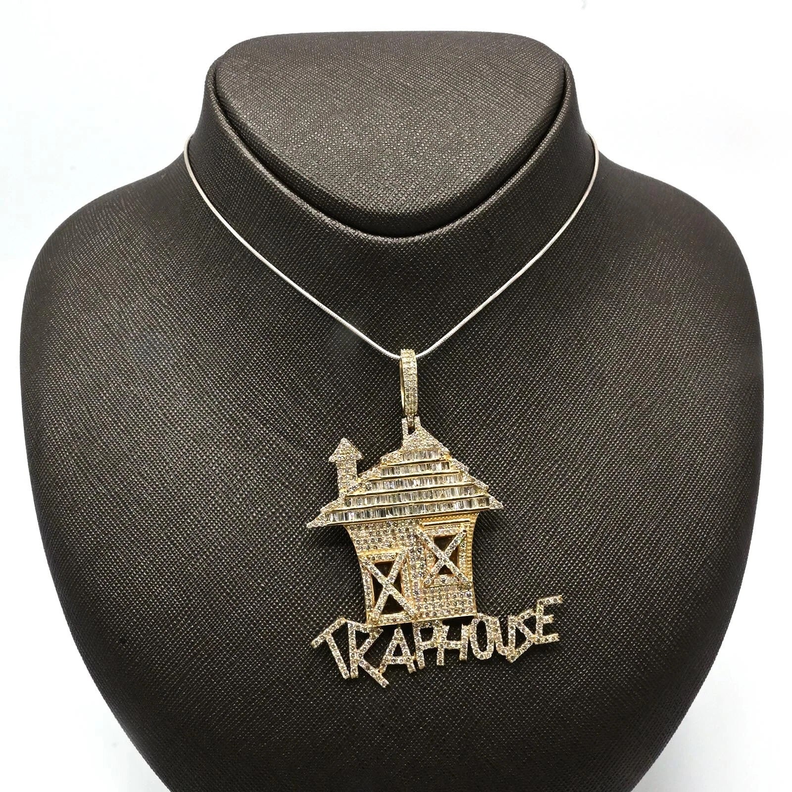 10k Yellow Gold 4.5 CTW Round/Baguette Diamond Trap House Pendant 20.4g Charm