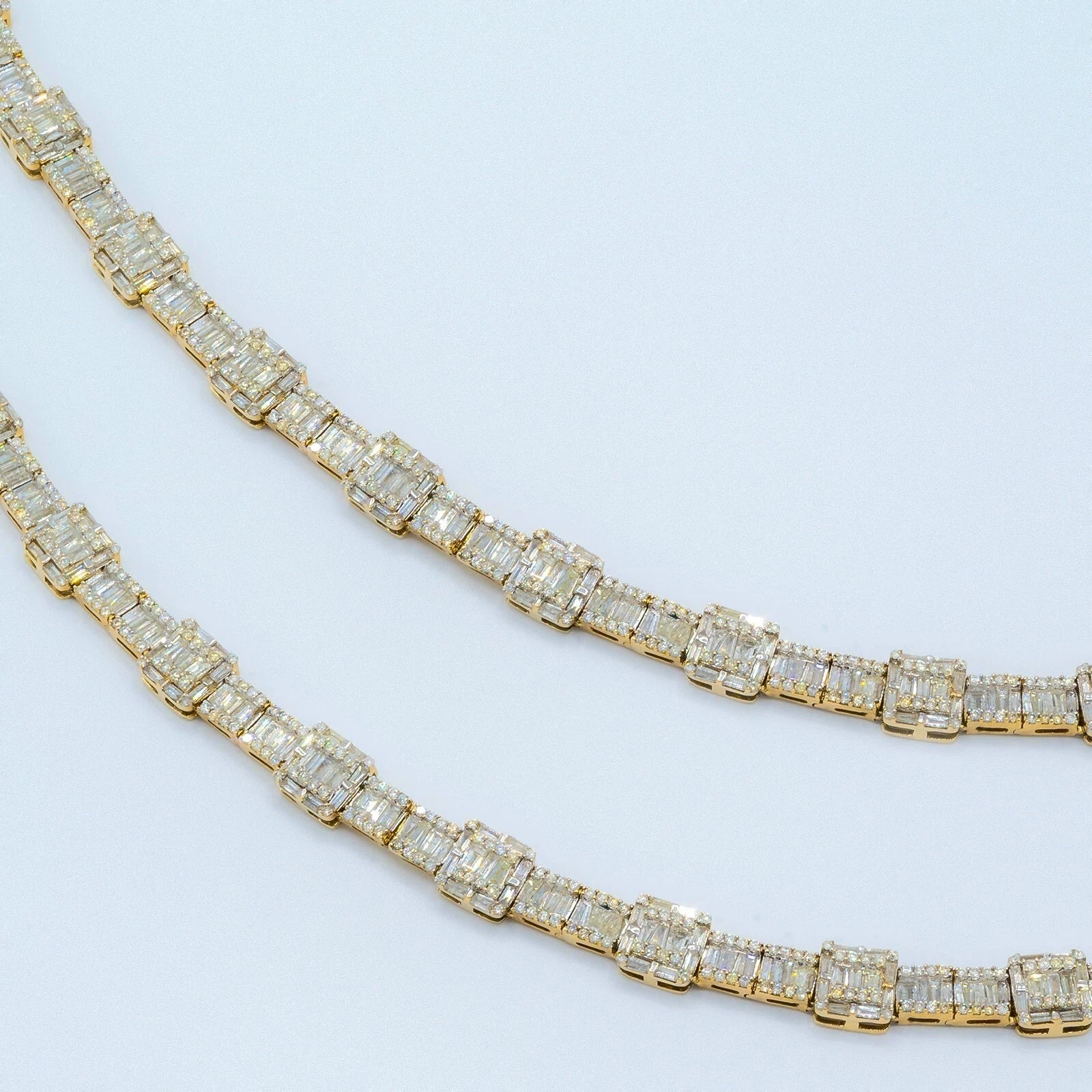 7.5MM 10k Yellow Gold Round/Baguette 22CTW Diamond 22" Tennis Necklace 50g Chain