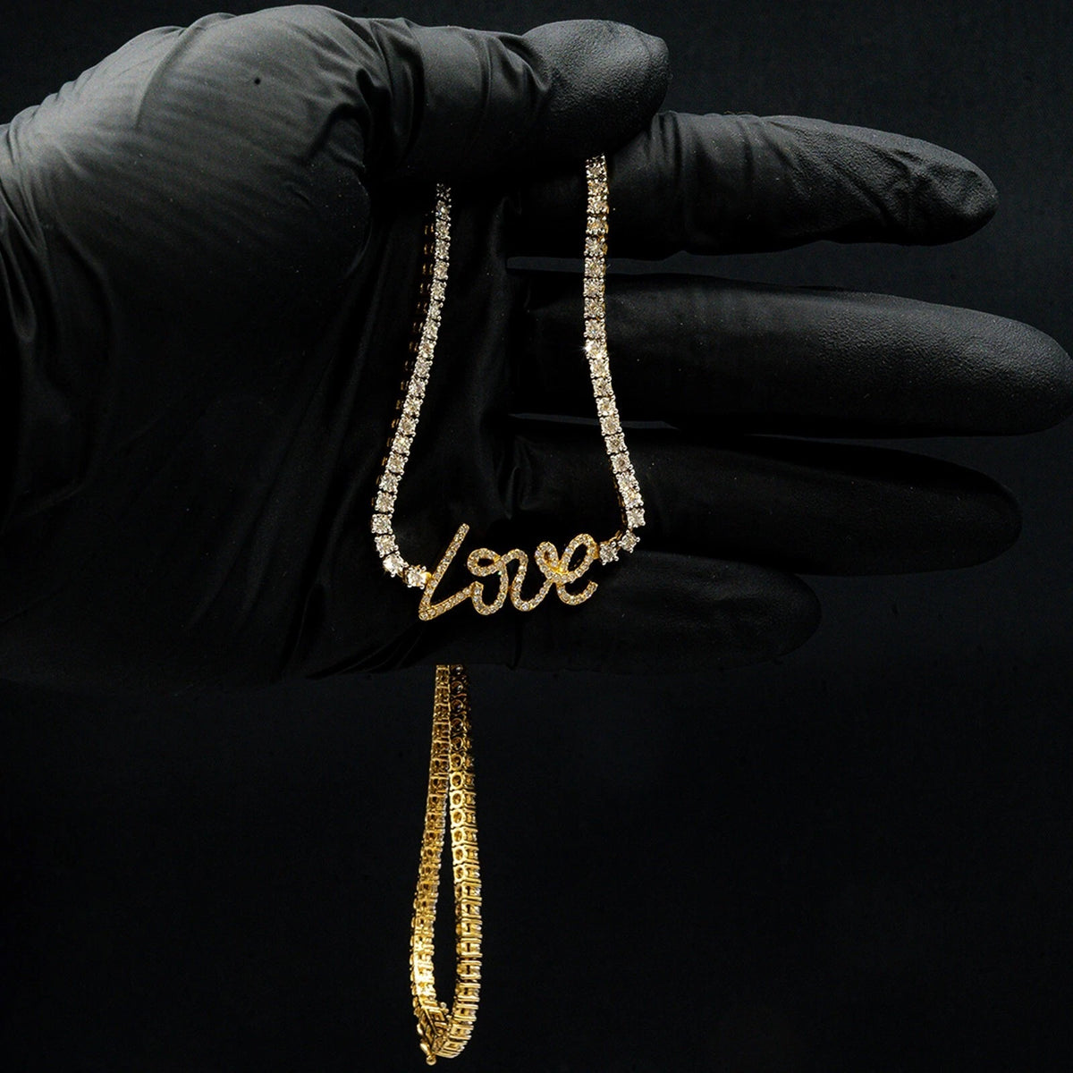 3MM 10k Yellow Gold 2 CTW Diamond "Love" Plate Tennis Chain 18" Women Necklace