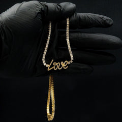 3MM 10k Yellow Gold 2 CTW Diamond "Love" Plate Tennis Chain 18" Women Necklace