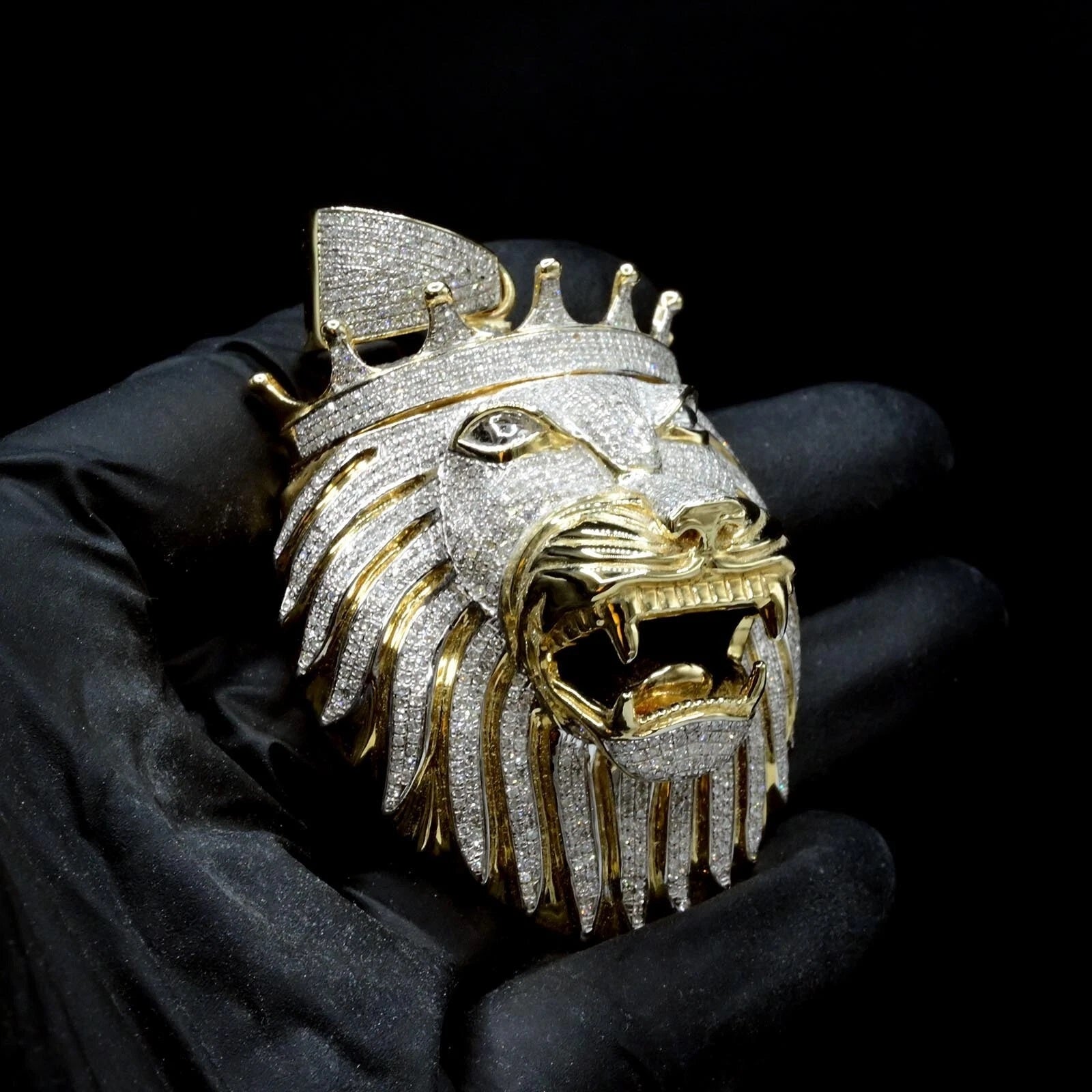 10k Yellow Gold 4 CTW Diamond 3D Lion Head with Crown Pendant 40.64g Men Charm