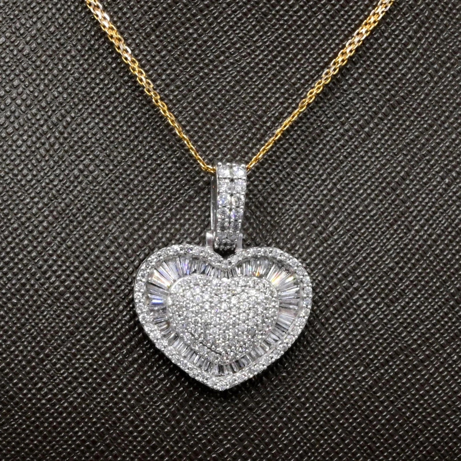 10k White Gold 1.75 CTW Baguette/Round Diamond Heart Pendant Diamond Bail Charm