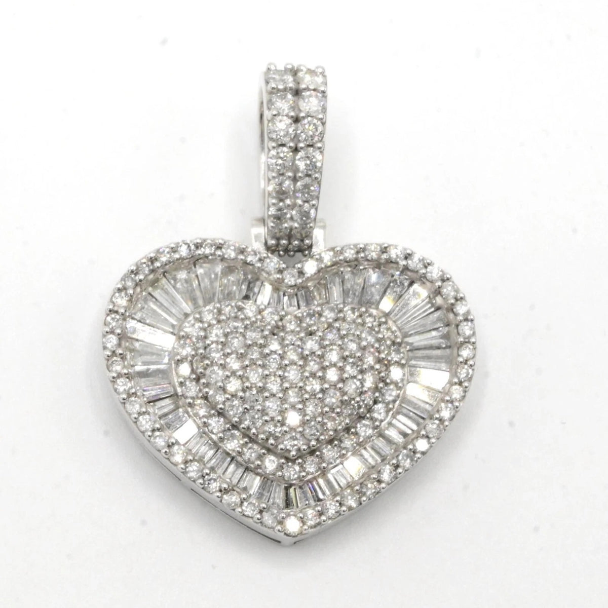 10k White Gold 1.75 CTW Baguette/Round Diamond Heart Pendant Diamond Bail Charm