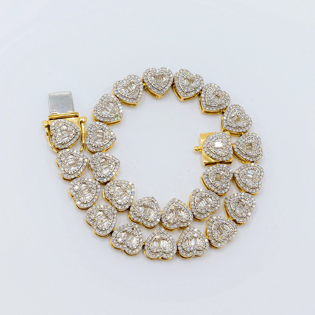 6.5MM 10k Yellow Gold Round/Baguette 1.90 CTW Diamond Heart Tennis 7" Bracelet