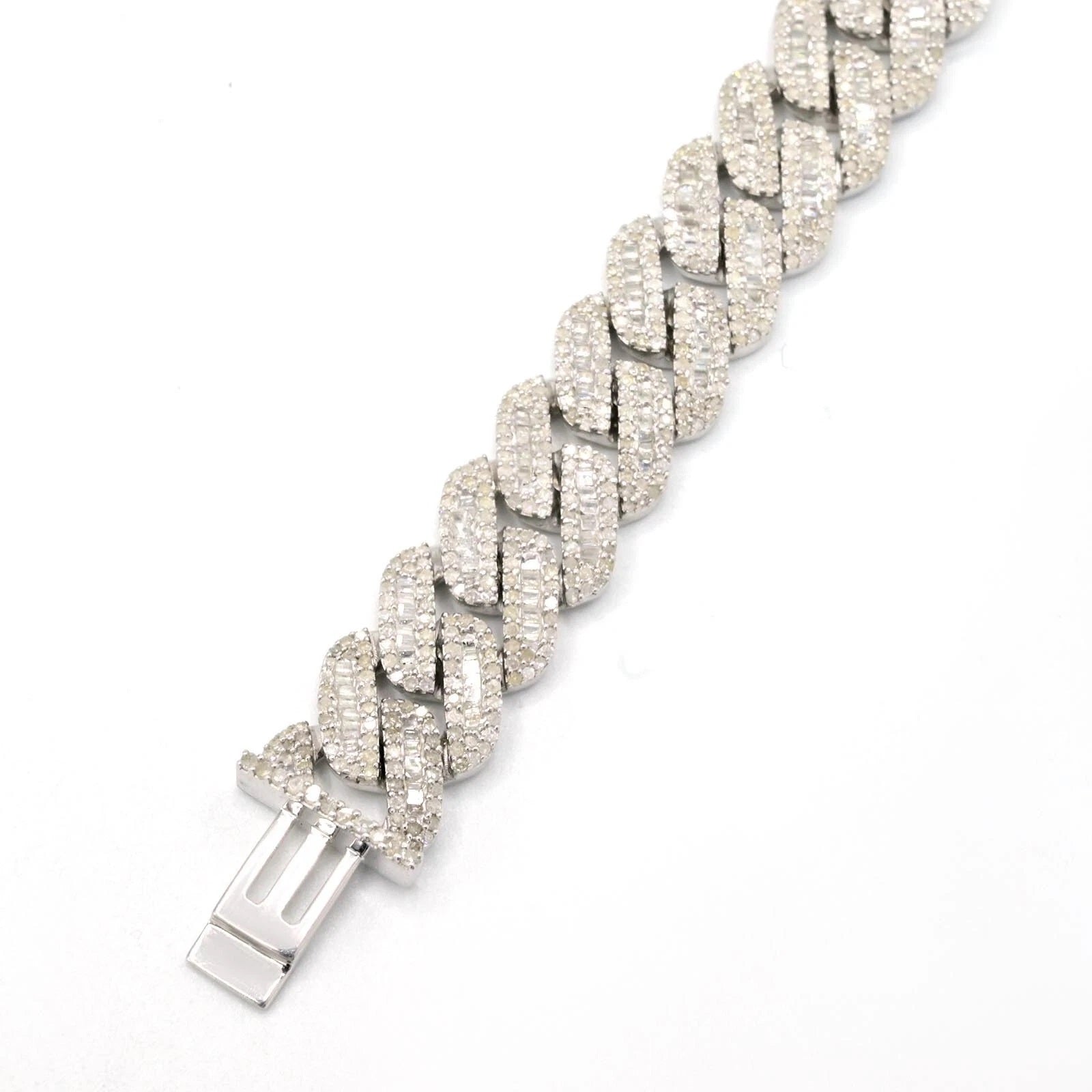 10MM Mens 925 Silver 6.25CTW Round/Baguette Natural Diamond Cuban Bracelet - 8In
