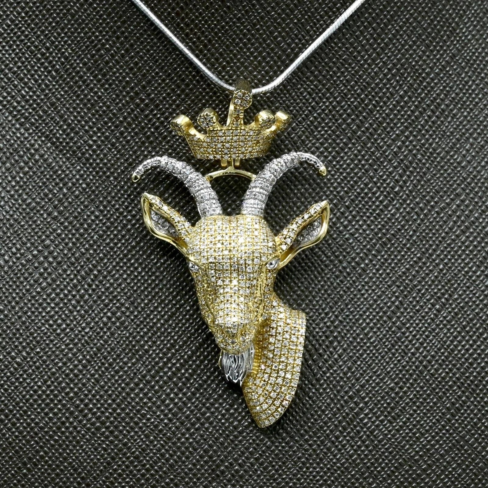 10k Yellow & White Gold 2 CTW Diamond Goat Head Crown Bail Pendant 10.55g Charm