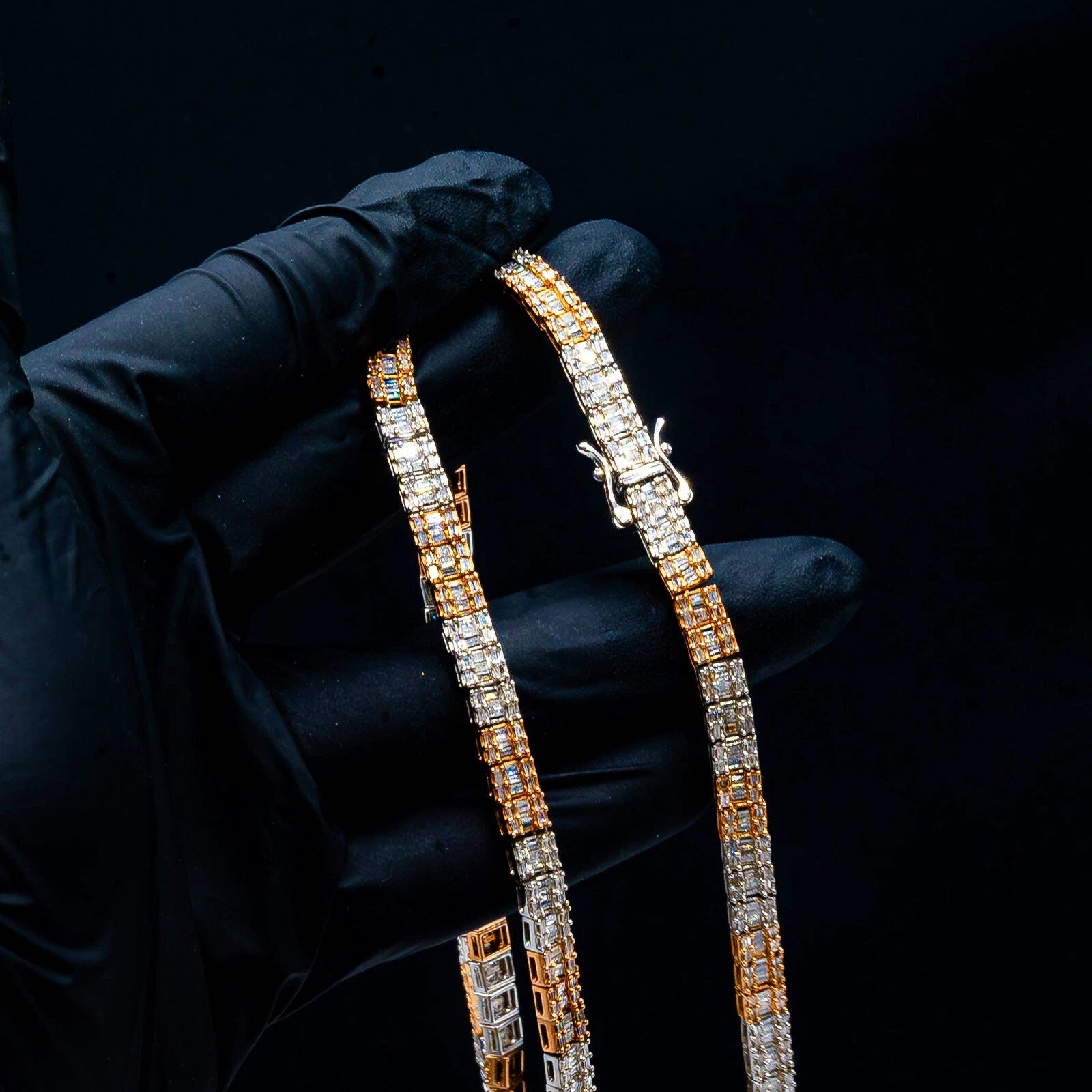 10k White & Rose Gold Round/Baguette 6.7 CTW Tennis Necklace 32.3g Chain - 22"