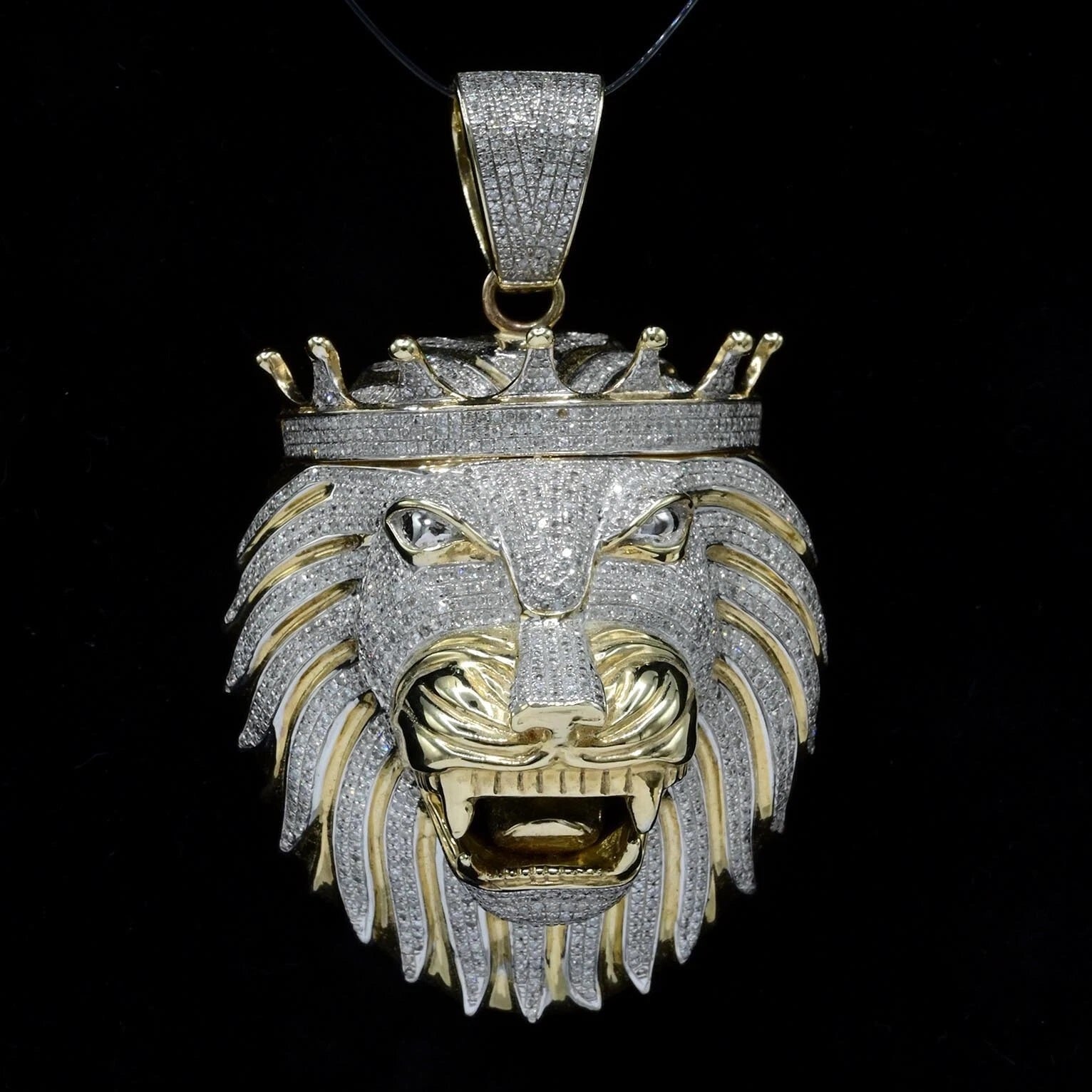 10k Yellow Gold 4 CTW Diamond 3D Lion Head with Crown Pendant 40.64g Men Charm