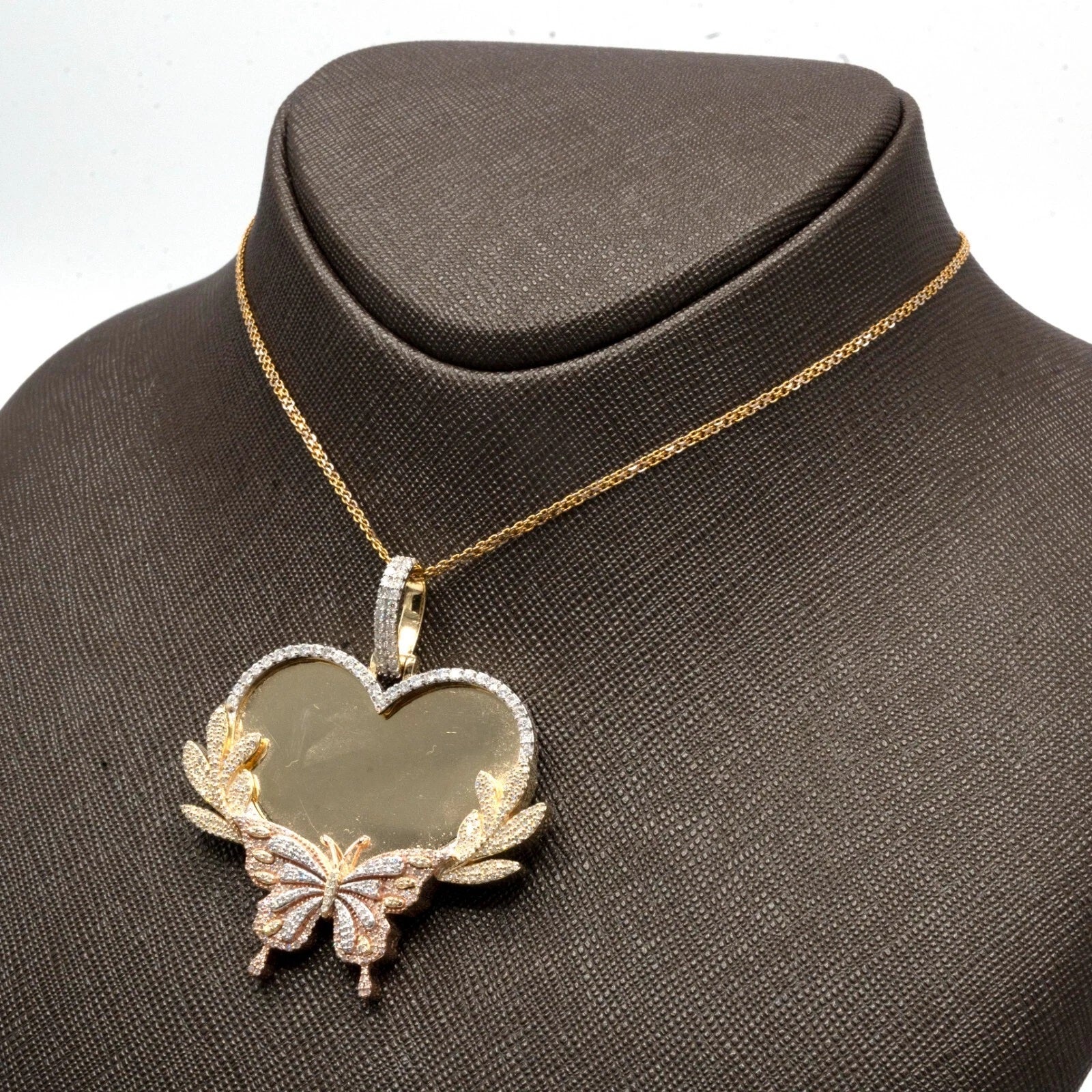 10k Tri Color Gold 1.35 CTW Diamond Butterfly Heart Memory Pendant 20.1g Charm