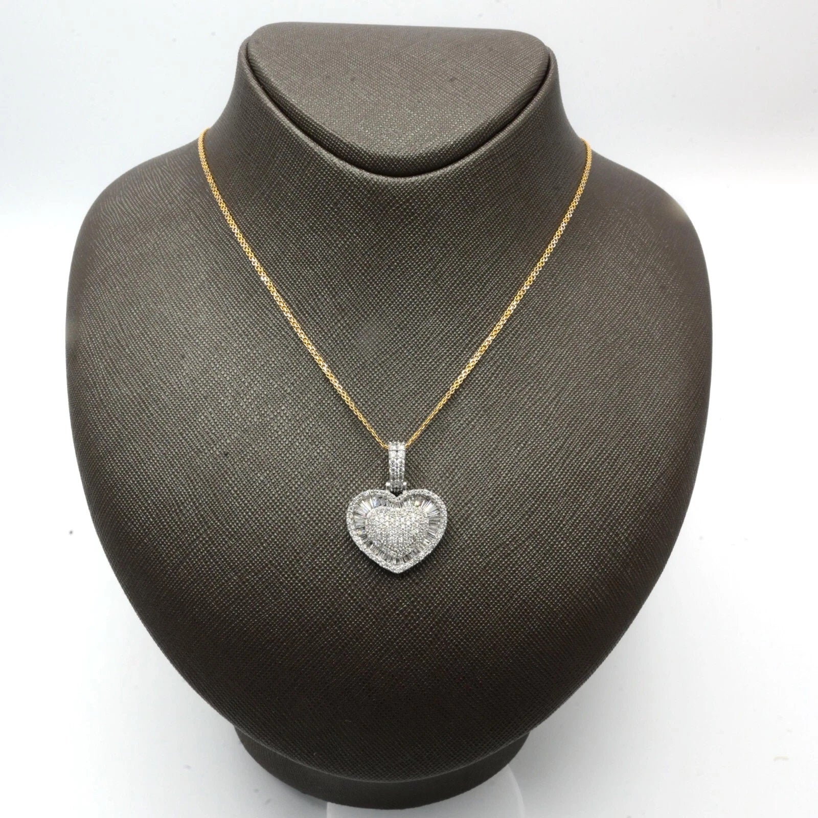 10k White Gold 1.75 CTW Baguette/Round Diamond Heart Pendant Diamond Bail Charm