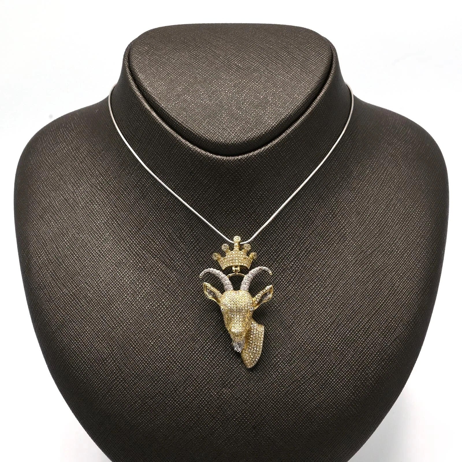 10k Yellow & White Gold 2 CTW Diamond Goat Head Crown Bail Pendant 10.55g Charm