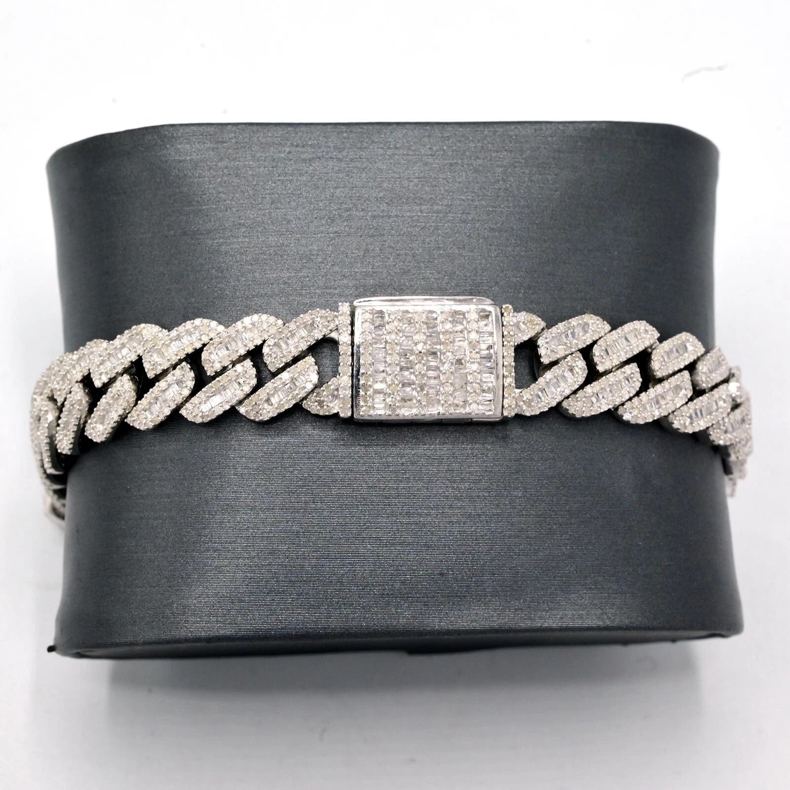 10MM Mens 925 Silver 6.25CTW Round/Baguette Natural Diamond Cuban Bracelet - 8In