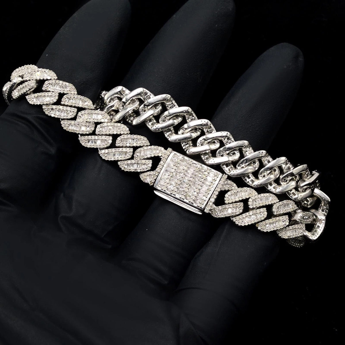 10MM Mens 925 Silver 6.25CTW Round/Baguette Natural Diamond Cuban Bracelet - 8In