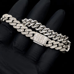 10MM Mens 925 Silver 6.25CTW Round/Baguette Natural Diamond Cuban Bracelet - 8In