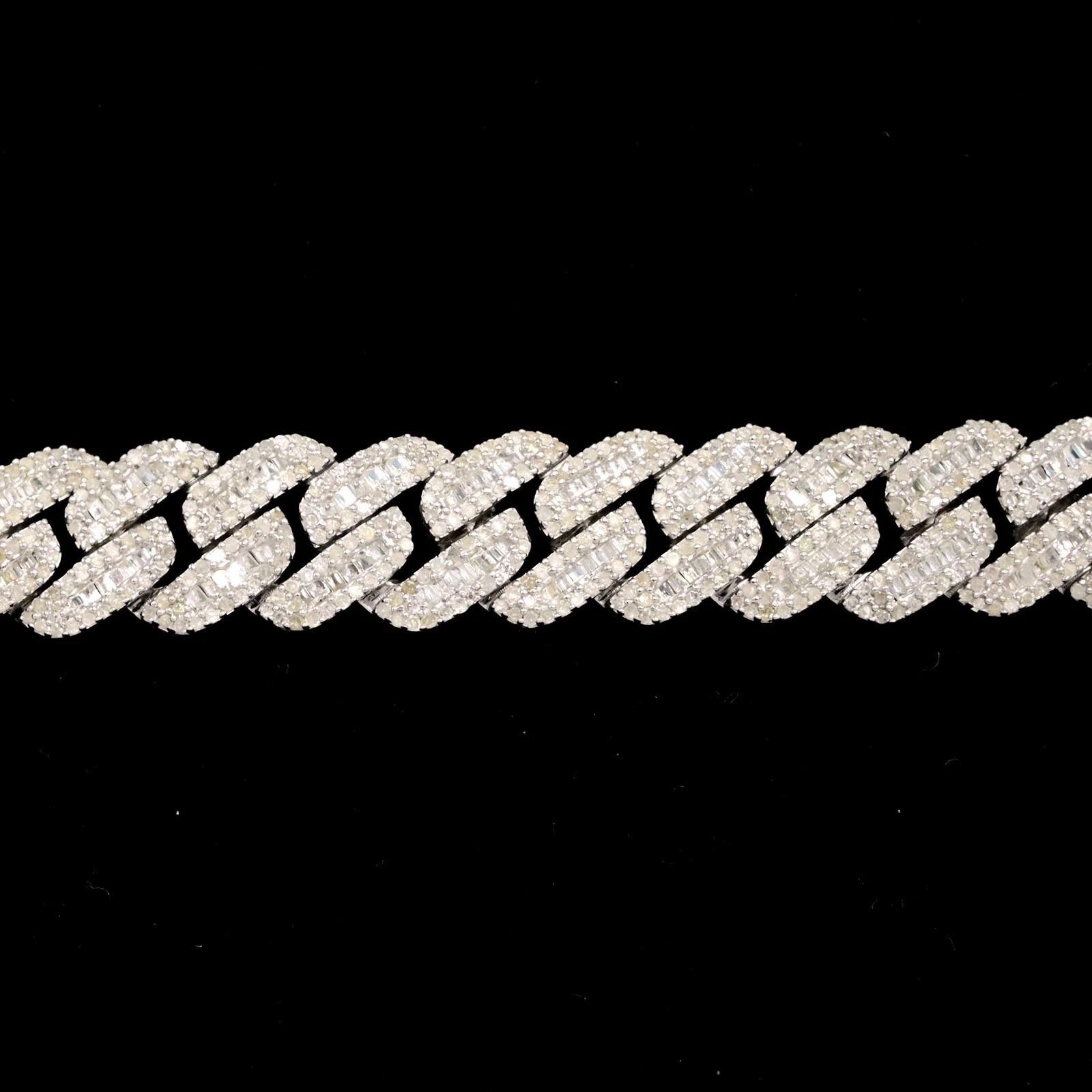 10MM Mens 925 Silver 6.25CTW Round/Baguette Natural Diamond Cuban Bracelet - 8In