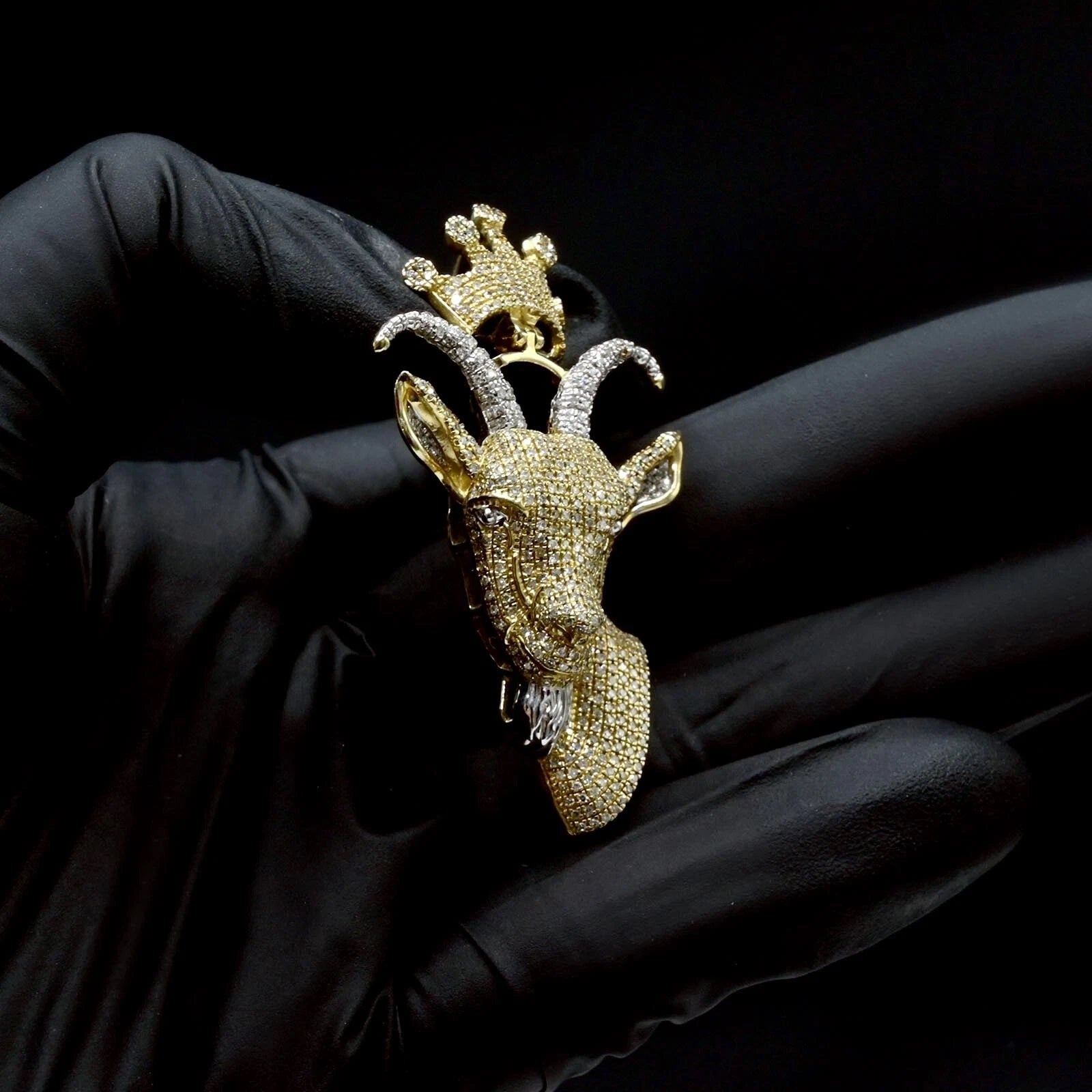 10k Yellow & White Gold 2 CTW Diamond Goat Head Crown Bail Pendant 10.55g Charm