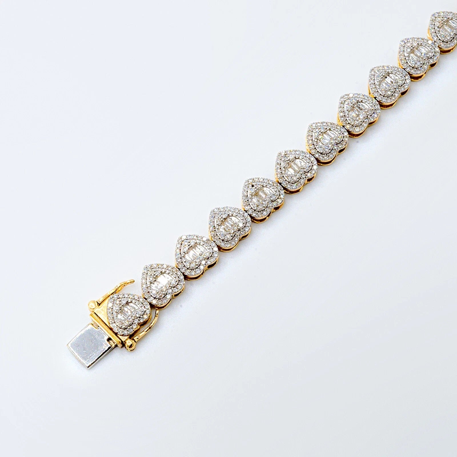 6.5MM 10k Yellow Gold Round/Baguette 1.90 CTW Diamond Heart Tennis 7" Bracelet