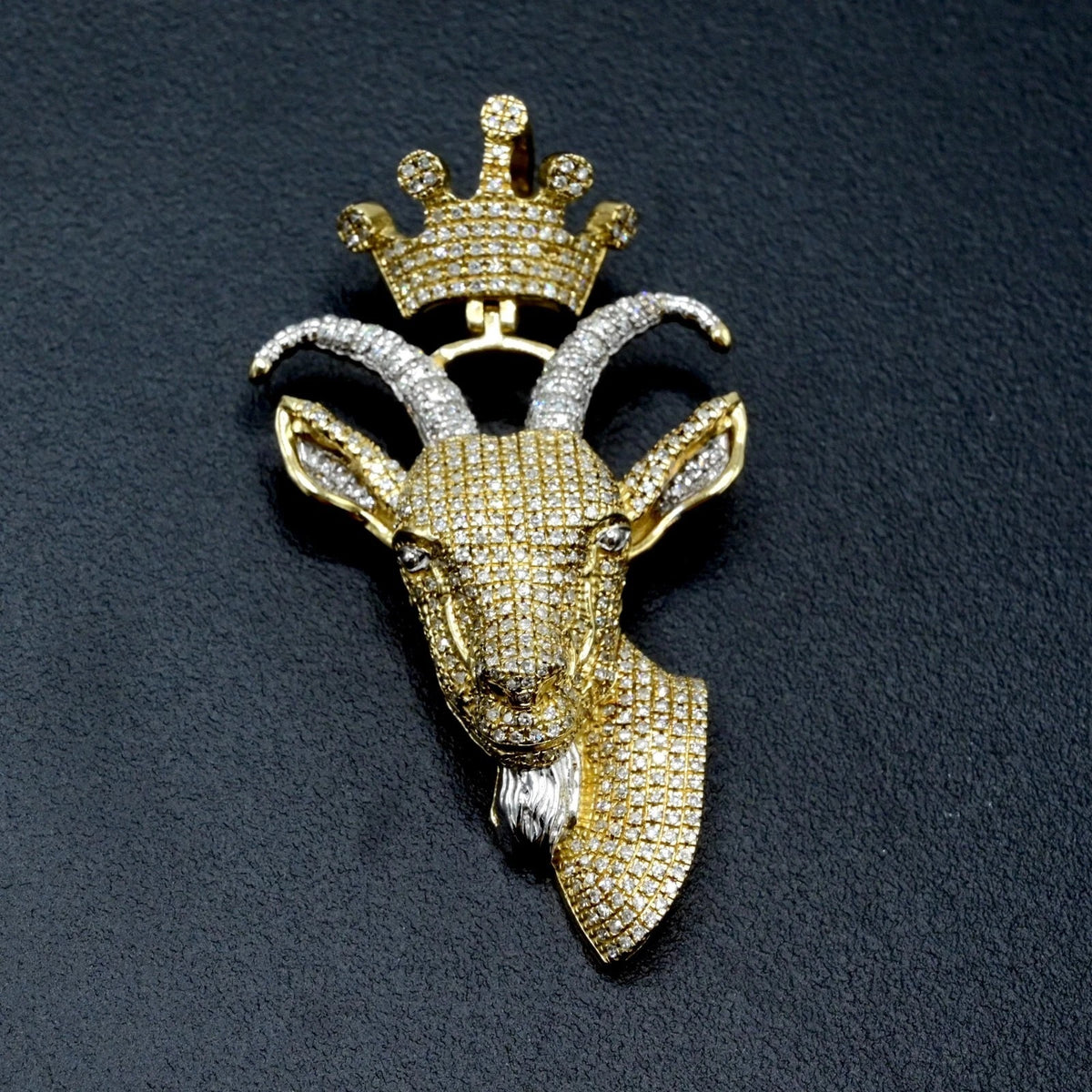 10k Yellow & White Gold 2 CTW Diamond Goat Head Crown Bail Pendant 10.55g Charm