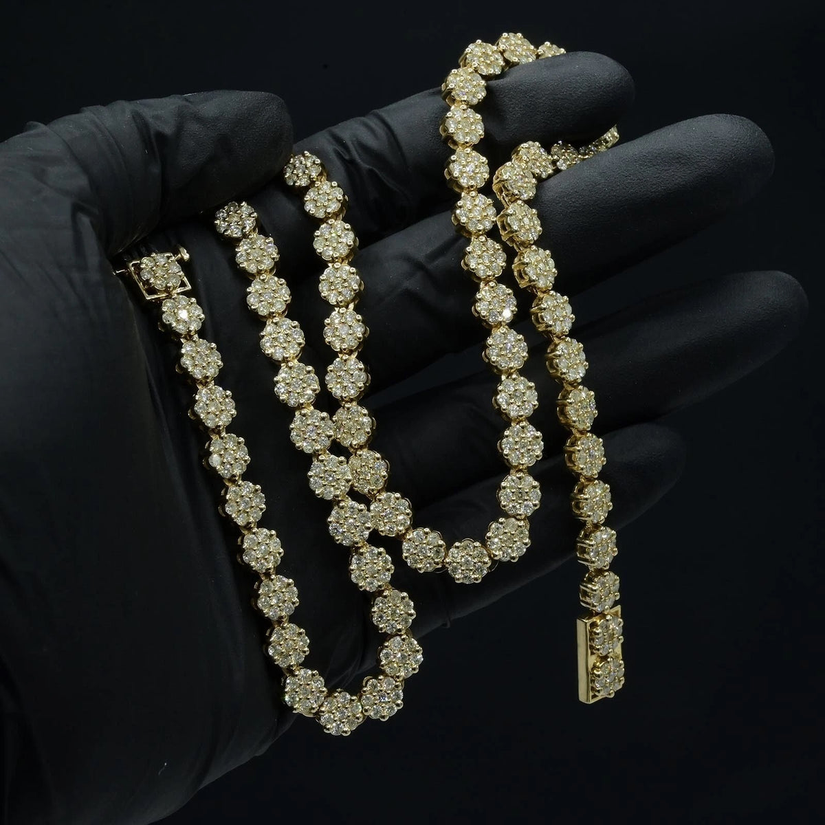 Men 6MM 10k Yellow Gold 16 CTW Diamond Flower Tennis Chain 51.9g Necklace - 22"