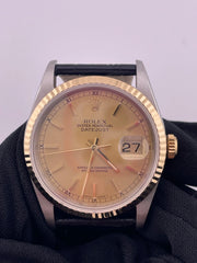 Rolex Datejust 36 Champagne Stick Dial on Generic Black Leather Strap Ref. 16233 1991