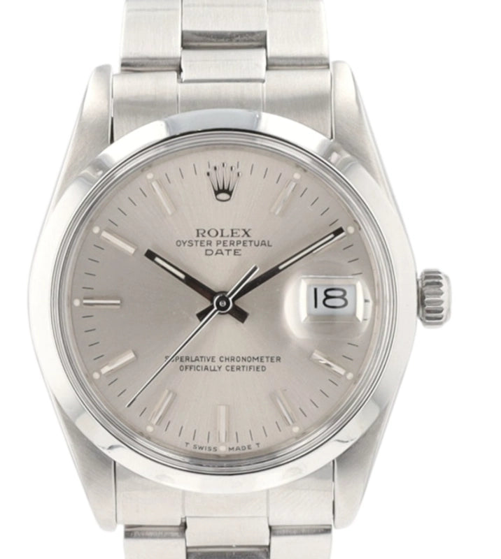 Rolex Oyster Perpetual Date Silver Stick Dial on Oyster Steel Bracelet Ref. 15000 1988